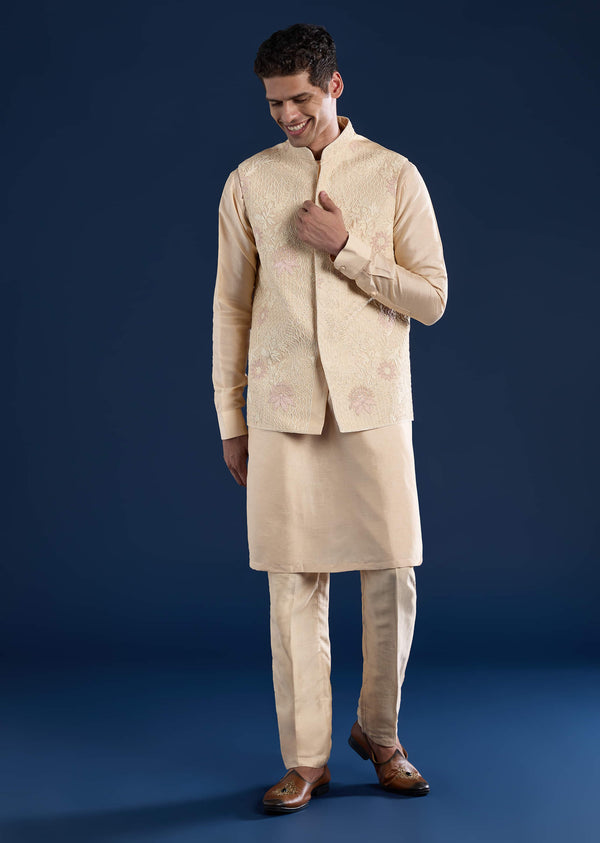 Gold Viscose Jacket Kurta Set with Dori Work