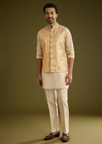 Gold Banarasi Silk Kurta Jacket Set With Hand Work