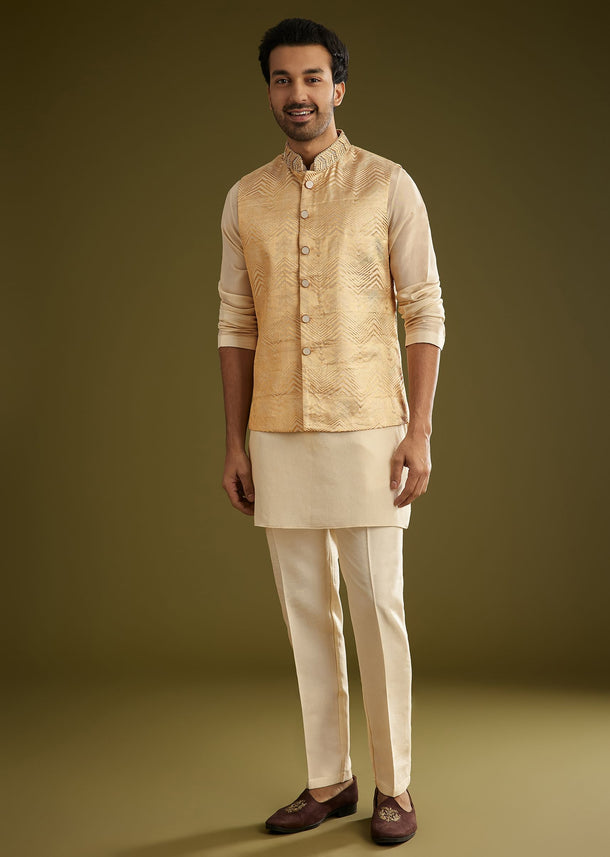 Gold Banarasi Silk Kurta Jacket Set With Hand Work