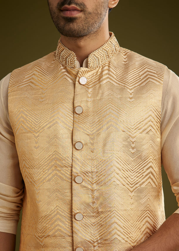 Gold Banarasi Silk Kurta Jacket Set With Hand Work