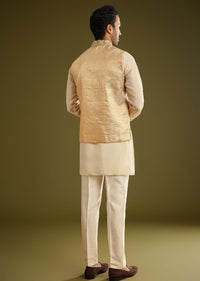 Gold Banarasi Silk Kurta Jacket Set With Hand Work