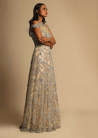 Gold Beige A Line Gown In Net With Off Shoulder Design And Zardosi Embroidery Online - Kalki Fashion