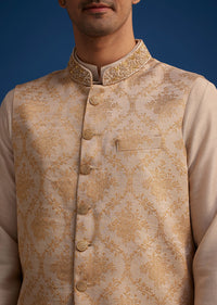 Gold Beige Banarasi Silk Kurta Jacket Set With Self Work