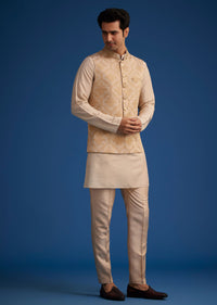 Gold Beige Banarasi Silk Kurta Jacket Set With Self Work