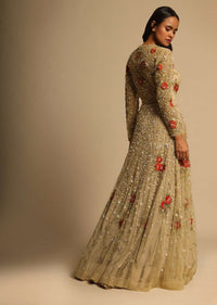 Gold Beige Gown In Net With Sequins Work All Over And Highlighted With Red Resham Embroidered Flowers Online - Kalki Fashion