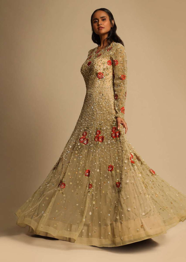 Gold Beige Gown In Net With Sequins Work All Over And Highlighted With Red Resham Embroidered Flowers Online - Kalki Fashion