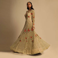 Gold Beige Gown In Net With Sequins Work All Over And Highlighted With Red Resham Embroidered Flowers Online - Kalki Fashion