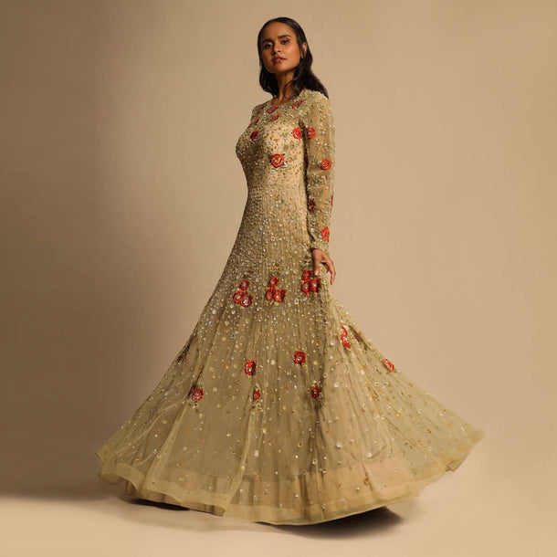 Gold Beige Gown In Net With Sequins Work All Over And Highlighted With Red Resham Embroidered Flowers Online - Kalki Fashion