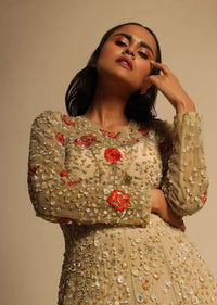 Gold Beige Gown In Net With Sequins Work All Over And Highlighted With Red Resham Embroidered Flowers Online - Kalki Fashion