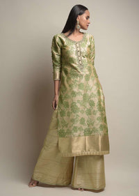 Gold Beige Palazzo Suit With Woven Floral Jaal And Green Dupatta With Bandhani And Brocade Design