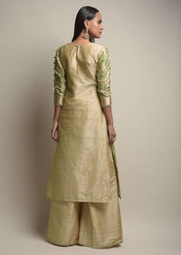 Gold Beige Palazzo Suit With Woven Floral Jaal And Green Dupatta With Bandhani And Brocade Design