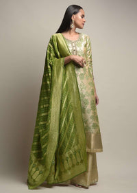 Gold Beige Palazzo Suit With Woven Floral Jaal And Green Dupatta With Bandhani And Brocade Design