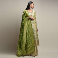 Gold Beige Palazzo Suit With Woven Floral Jaal And Green Dupatta With Bandhani And Brocade Design