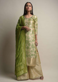 Gold Beige Palazzo Suit With Woven Floral Jaal And Green Dupatta With Bandhani And Brocade Design