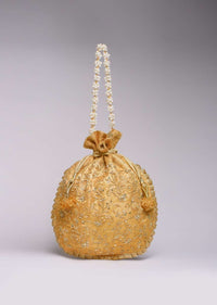 Gold Beige Potli Bag In Brocade Silk With Zardosi Embroidery In Floral Design