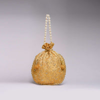 Gold Beige Potli Bag In Brocade Silk With Zardosi Embroidery In Floral Design