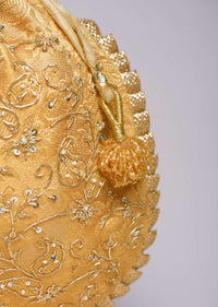 Gold Beige Potli Bag In Brocade Silk With Zardosi Embroidery In Floral Design