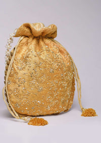 Gold Beige Potli Bag In Brocade Silk With Zardosi Embroidery In Floral Design