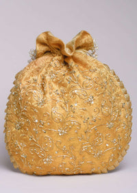 Gold Beige Potli Bag In Brocade Silk With Zardosi Embroidery In Floral Design