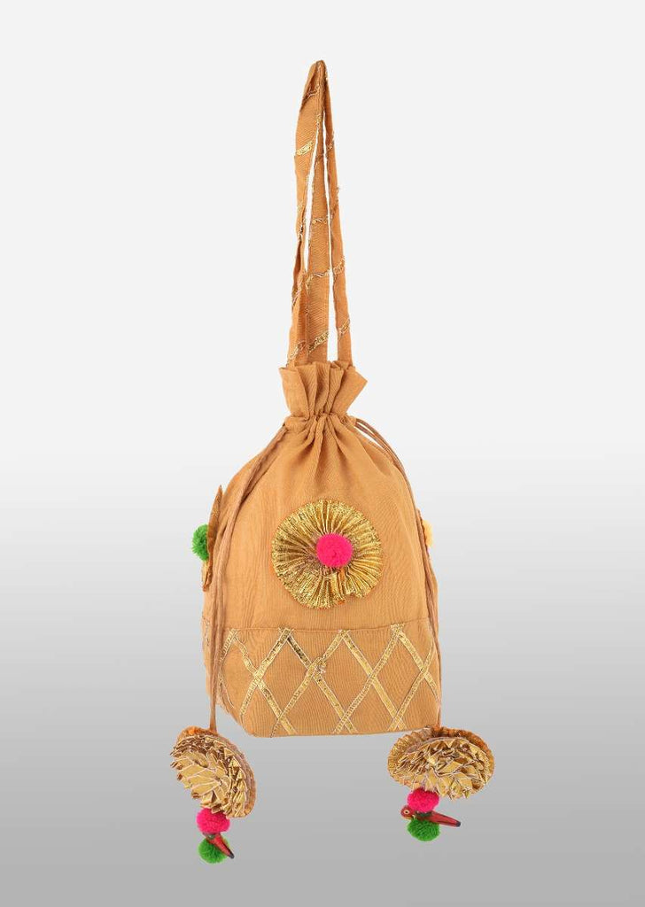 Gold Beige Potli Bag In Raw Silk With Gotta Lace Checks And Pom Poms