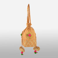 Gold Beige Potli Bag In Raw Silk With Gotta Lace Checks And Pom Poms