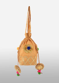 Gold Beige Potli Bag In Raw Silk With Gotta Lace Checks And Pom Poms