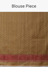 Gold Beige Pure Handloom Saree In Tussar Silk With Woven Floral Buttis And Red Border Online - Kalki Fashion