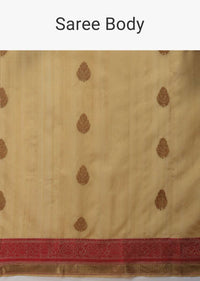 Gold Beige Pure Handloom Saree In Tussar Silk With Woven Floral Buttis And Red Border Online - Kalki Fashion