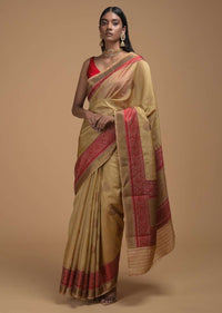 Gold Beige Pure Handloom Saree In Tussar Silk With Woven Floral Buttis And Red Border Online - Kalki Fashion