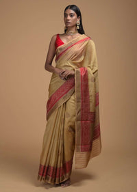 Gold Beige Pure Handloom Saree In Tussar Silk With Woven Floral Buttis And Red Border Online - Kalki Fashion