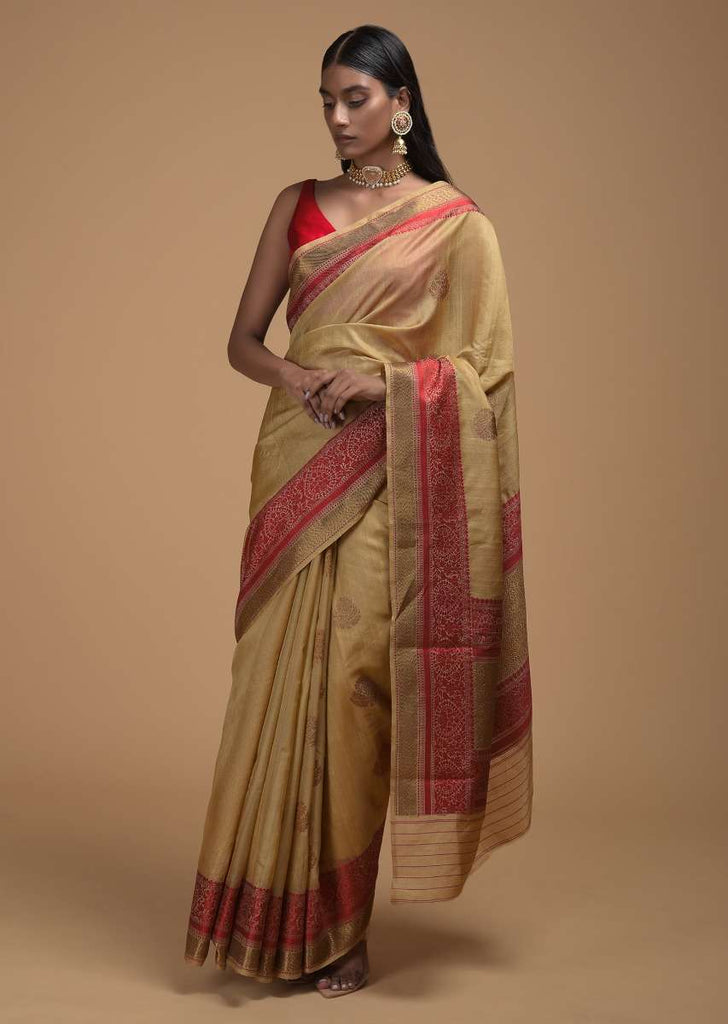 Gold Beige Pure Handloom Saree In Tussar Silk With Woven Floral Buttis And Red Border Online - Kalki Fashion