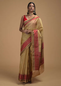 Gold Beige Pure Handloom Saree In Tussar Silk With Woven Floral Buttis And Red Border Online - Kalki Fashion