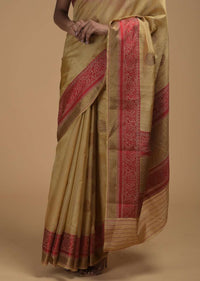 Gold Beige Pure Handloom Saree In Tussar Silk With Woven Floral Buttis And Red Border Online - Kalki Fashion