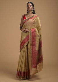 Gold Beige Pure Handloom Saree In Tussar Silk With Woven Floral Buttis And Red Border Online - Kalki Fashion