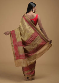 Gold Beige Pure Handloom Saree In Tussar Silk With Woven Floral Buttis And Red Border Online - Kalki Fashion