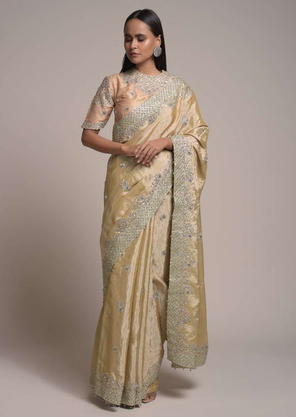 Gold Beige Saree In Dupion Silk With Cord And Zardosi Embroidered Floral Buttis And Border Online - Kalki Fashion