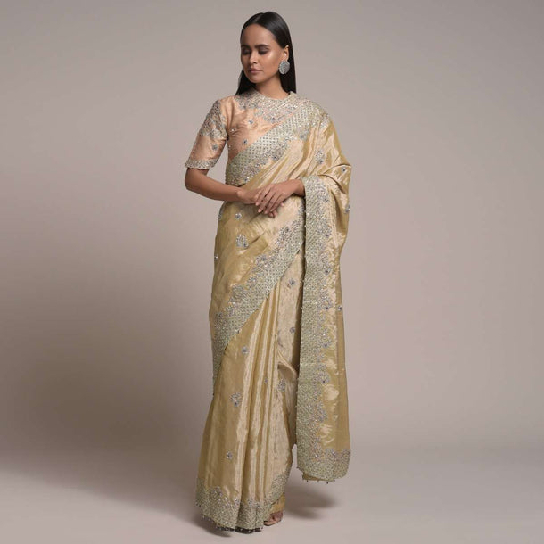 Gold Beige Saree In Dupion Silk With Cord And Zardosi Embroidered Floral Buttis And Border Online - Kalki Fashion