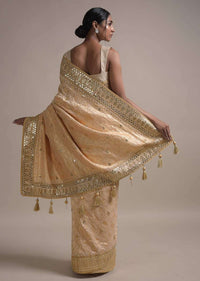 Gold Beige Saree In Georgette With Weaved Moroccan Jaal And Gotta Embroidered Border Online - Kalki Fashion
