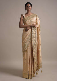 Gold Beige Saree In Georgette With Weaved Moroccan Jaal And Gotta Embroidered Border Online - Kalki Fashion