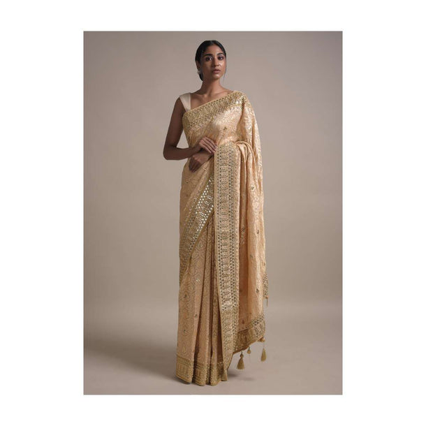 Gold Beige Saree In Georgette With Weaved Moroccan Jaal And Gotta Embroidered Border Online - Kalki Fashion