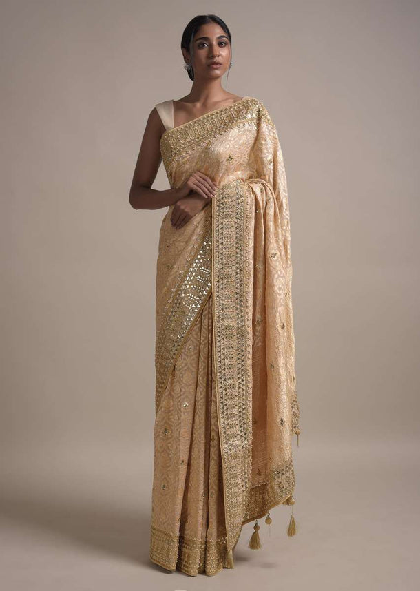 Gold Beige Saree In Georgette With Weaved Moroccan Jaal And Gotta Embroidered Border Online - Kalki Fashion