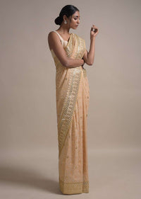 Gold Beige Saree In Georgette With Weaved Moroccan Jaal And Gotta Embroidered Border Online - Kalki Fashion