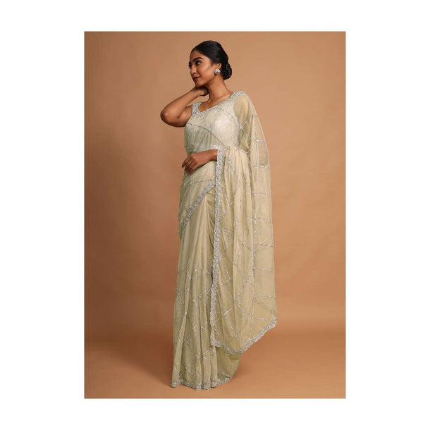 Gold Beige Saree In Net With Stone And Moti Embroidered Checks And Floral Motifs Online - Kalki Fashion