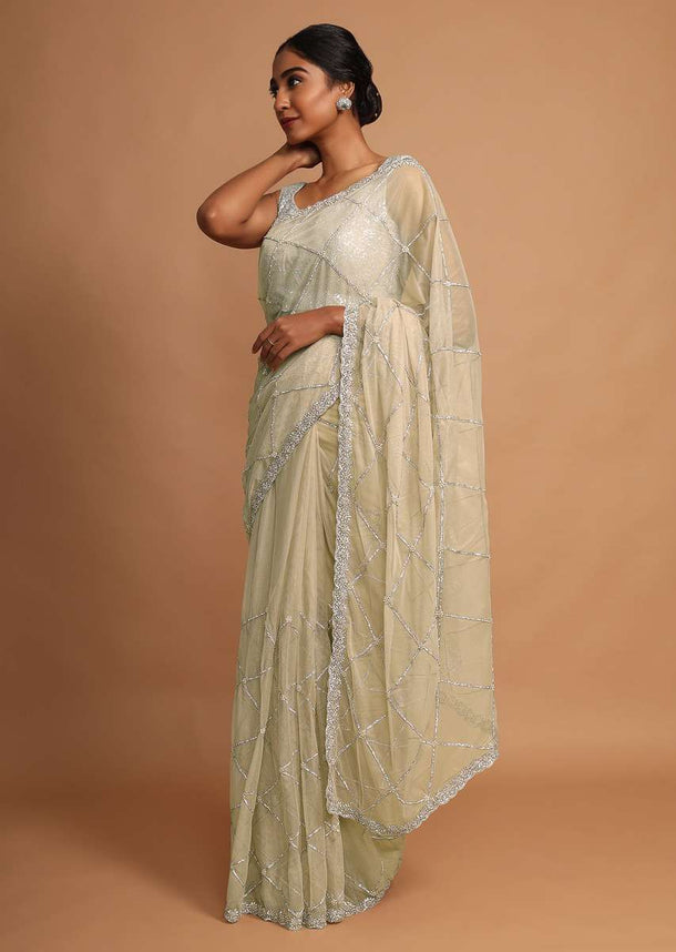 Gold Beige Saree In Net With Stone And Moti Embroidered Checks And Floral Motifs Online - Kalki Fashion