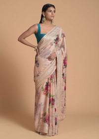 Gold Beige Saree In Satin Crepe With Floral Print And Gotta Patti Embroidered Border Online - Kalki Fashion