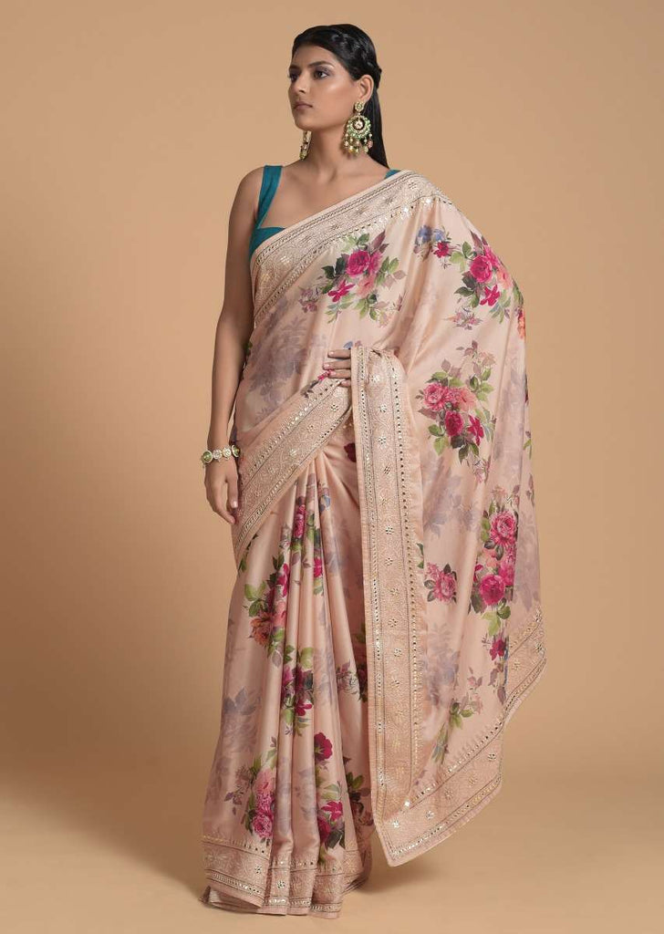 Gold Beige Saree In Satin Crepe With Floral Print And Gotta Patti Embroidered Border Online - Kalki Fashion