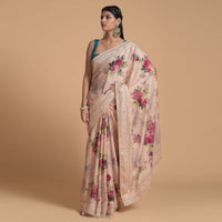 Gold Beige Saree In Satin Crepe With Floral Print And Gotta Patti Embroidered Border Online - Kalki Fashion