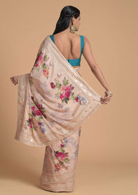 Gold Beige Saree In Satin Crepe With Floral Print And Gotta Patti Embroidered Border Online - Kalki Fashion