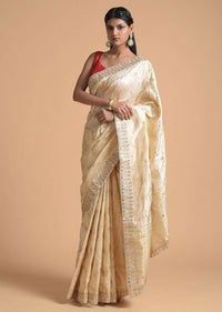 Gold Beige Saree In Silk With Brocade Floral Jaal And Cut Dana Highlights Online - Kalki Fashion