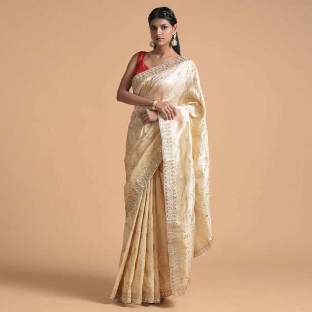 Gold Beige Saree In Silk With Brocade Floral Jaal And Cut Dana Highlights Online - Kalki Fashion